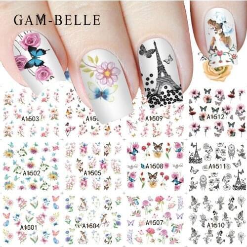 GAM-BELLE 12 sheets/set Nail Sticker Flower Butterfly Mixed Design Nail Art Manicure Decals Colorful Water Transfer Accessories