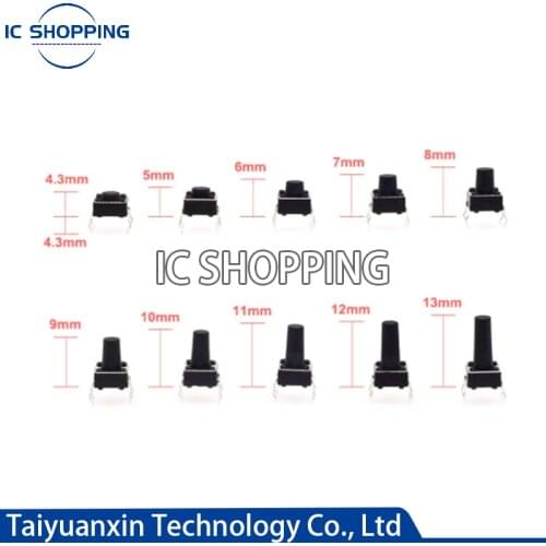 100Pcs 6X6X5/4.3/5.5/6/7/8/9/10/13MM Tact Switch Push Button Switch 12V Copper 4PIN DIP Micro Switch for TV/Toys/home Use Button