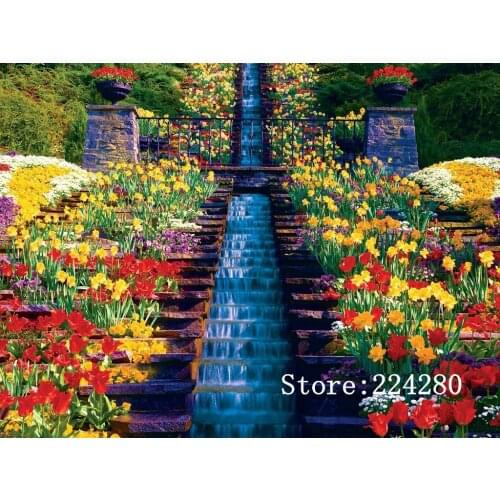 Needlework Colored Flowers Waterfall Scenery 14ct Canvas Unprinted Handmade Embroidery Aida Cross Stitch Kits Set DIY Home Decor