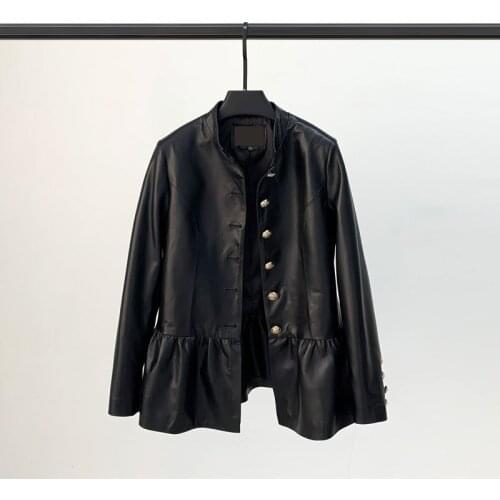New Fashion Leather Jacket Womens Short Stand-up Collar Ruffled Leather Jacket Sheep Skin Was Thinner Jacket Tide
