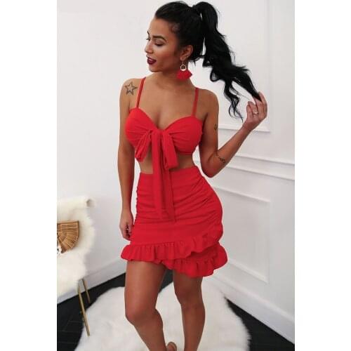 2018 New Ruffle halter women dress vestidos Sexy v nerk party dress summer Bow tie bodycon mini dress female two piece dresses