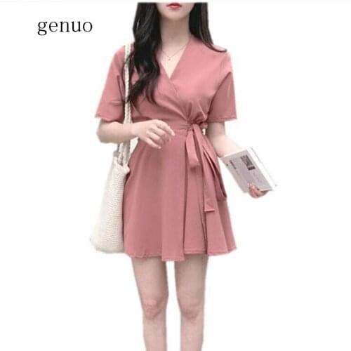 2020 New Style Little Sweet Lovely Chiffon One-piece Lace-up Solid Color V-NECK Dress Lace-up Short Sleeved Dress Summer