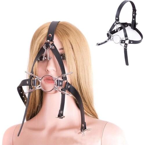 Adjustable Leather Nose Hook Mouth Gag Harness O Ring Open Mouth Gag Head Mask Restraint Bondage Mask Role Play Toys For Couple