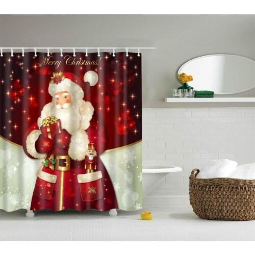 Christmas Shower Curtain with 12 Hooks Santa Claus Holding Gift Box Bath Accessories Waterproof Fabric Bathroom Holiday Decor