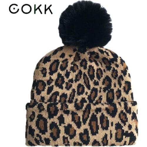COKK Winter Hats For Women Beanie Leopard Print Thickened Warm Hat With Black Pompom Ball 2020 New Korean Bonnet Femme Cap New