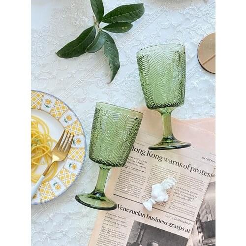 Glass fresh leaf relief goblet vintage green red wine cup beverage cup wine cup