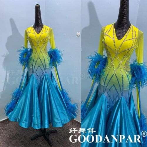 Ballroom dance competition standard dress women, Mesh Long Sleeve Performance dance clothes custom-made Yellow gradient blue