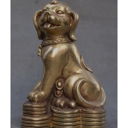 Old Chinese brass Feng Shui auspicious wealth yuanbao coin Zodiac dog statue