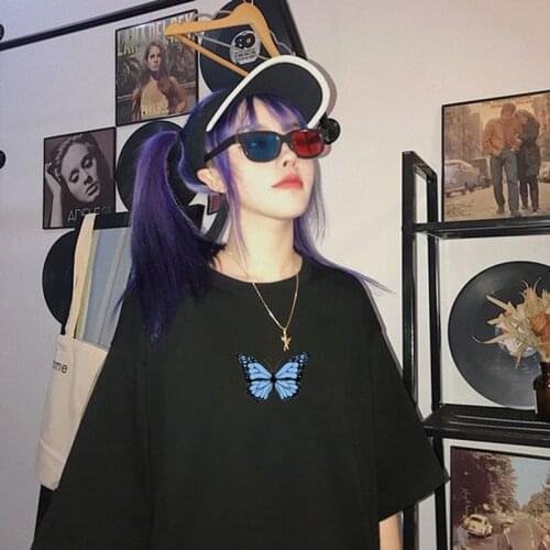 Butterfly print big size Ulzzang loose Harajuka tees casual summer Vintage tops short-sleeved female fun cute O-Neck T-shirt