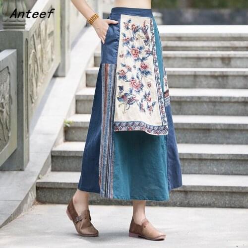 Cotton linen vintage floral embroidery high waist summer casual loose for woman long skirts womens 2021 skirt clothes