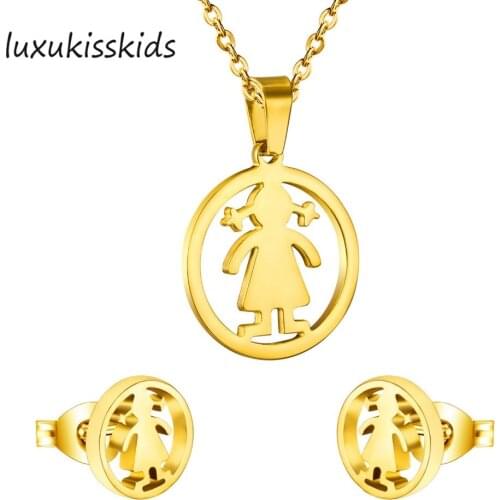 LUXUKISSKIDS Dubai African Kids Jewelry Sets For Lovely Girls Women Round Pendant Necklace Earrings Stainless Steel Jewelry Set