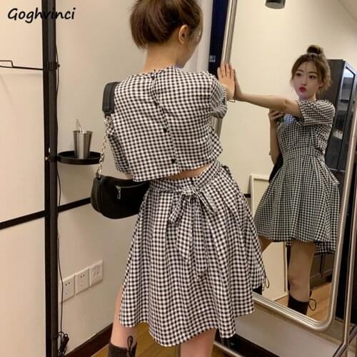 Women Short Sleeve Dresses Plaid Hollow Out Ruffles Sexy Ulzzang Elegant Streetwear Chic Retro Lace-up Designed Sweet Female New