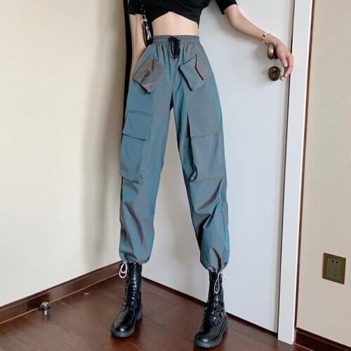 2020 Korean Loose Gradient Front Pockets hip-hop Pants Women Streetwear Casual High Waist Cargo Pants Women Trousers Bottoms