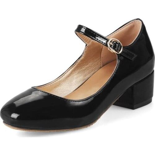 Oversized ladies high heels women shoes woman pumps Shallow lacquer buckle with thick heel and square head