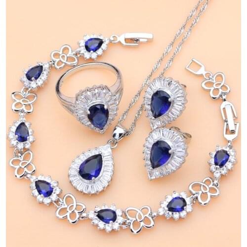 Drop Blue Sapphire White Topaz Women 925 Sterling Silver Jewelry Sets Earrings/Pendant/Necklace/Ring/Bracelet