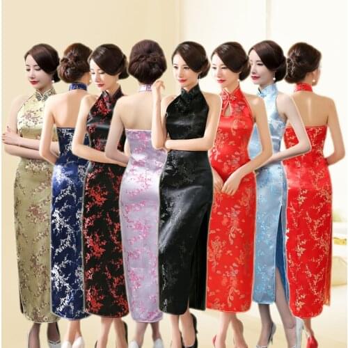 Sexy Women Backless Evening Dress Vintage Lady Satin Evening Cheongsam Chinese Novelty Qipao Flower Oversize Party Dress