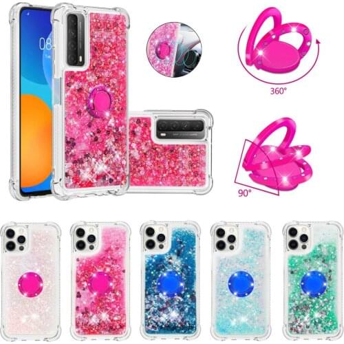Liquid Quicksand Case for Huawei P Smart 2021 P40 Lite P20 P30 Mate 30 20 Clear Back Cover with Ring Holder Stand Fundas
