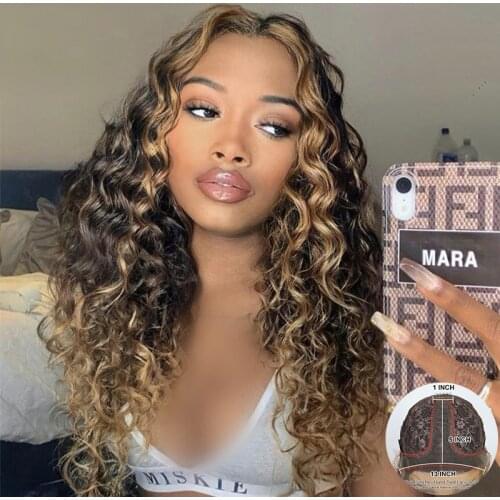 180% Density Highlight Curly T Part Lace Wig Human Hair Wigs Blonde Brown Color Lace Front Wigs Brazilian Remy Hair Pre Plucked