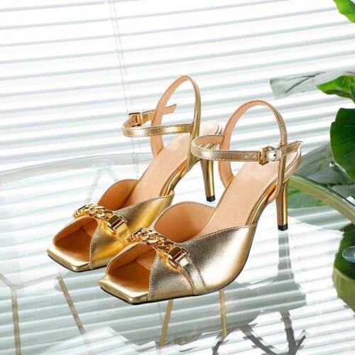 2021 New summer ladies high heel sandals square toe metal chain decoration high heels gold black fashion party sandals