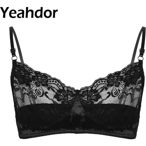 Mens Sissy Lingerie Bra Adjustable Spaghetti Straps Soft Floral Lace Satin Lingerie Wire-free No Pad Bra Top Breathable Bralette