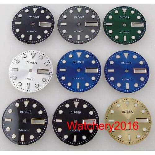 New BLIGER 29mm Steel Green Luminous Marks Double Date Window Sunburst Silver/Gold/Green /Black Watch Dial Face Fit NH36A