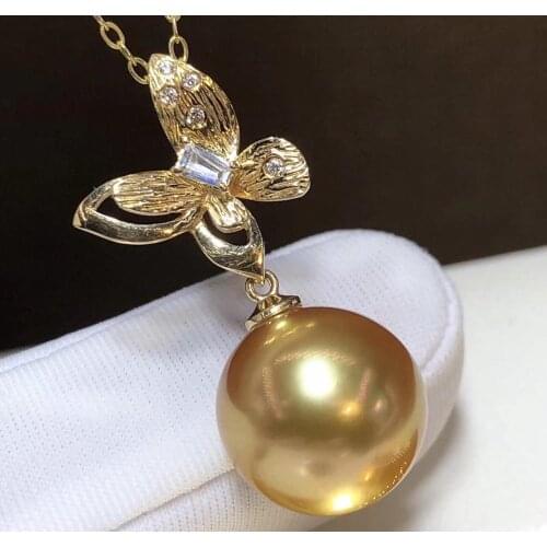D323 Pearl Pendant Fine Jewelry Solid 18k Gold Natural 12-13mm Ocean Sea Golden Pearls Pendants Necklaces for Women FIne Gifts