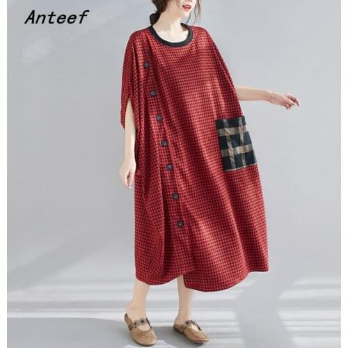 Plus size cotton vintage plaid for women casual loose long spring autumn summer dress elegant clothes 2021 ladies dresses