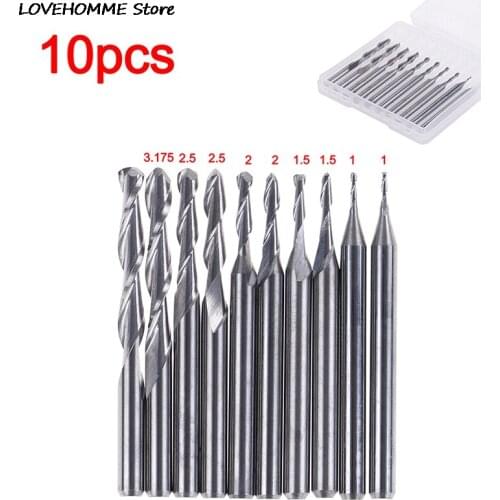Hot! 10pcs End Milling Cutter Set Shank Carbide Ball Nose 1mm-3.175mm 2 Flutes 1/8 Inch CNC Cutting Tool For Wood Working