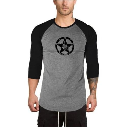 Mens Brand Clothing Round Neck 3/4 Sleeve Shirt Workout Clothing Slim Fit Bodybuilding and Fitness Tee Shirt Muscle Male Shirt