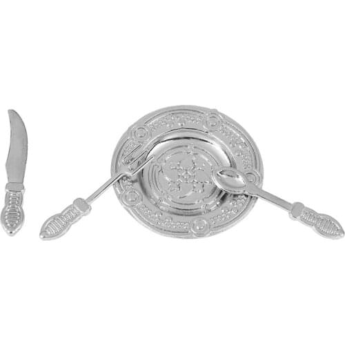 4Pcs Vintage Silverware Miniature Set Knife Spoon Fork and Dish Flatware Dollhouse Kitchen Accessories Scale 1:12