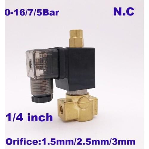 GOGO Normally closed Direct acting Brass Small Gas 3/2 way plug Solenoid Valve 1/4" BSP 220V AC 1.5mm/2.5mm/3mm NBR Seals valve