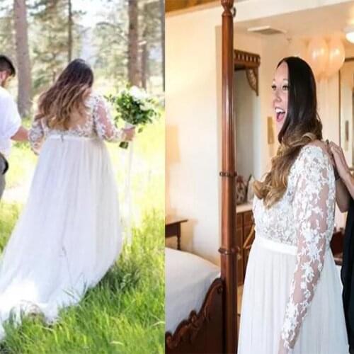 2021 New Big New Wedding Dresses Long Sleeve Sexy V Neck Illusion Back Bridal Gown Plus Size Lace Wedding Gowns vestido de noiv