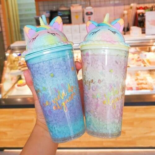 New Unicorn Ice Cup Lovely Girls' Wind Gradient Fraser Fashion Student Gift Cup Water Bottle Waterbottle with Straw Cute Bottles