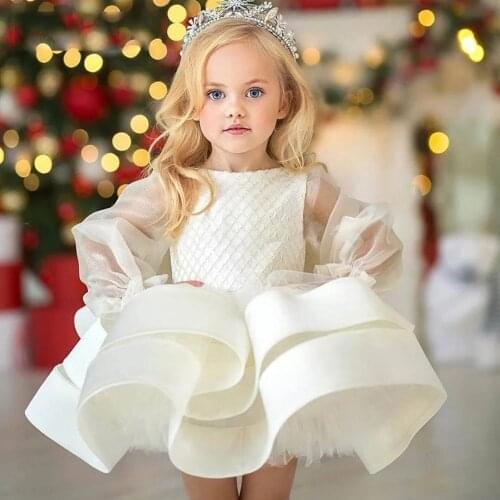 Charming Flowers Girls Dresses Satin Pleat Lace Bateau Full Sleeve Zipper A-Line Gowns Novia Do 2021 New Party