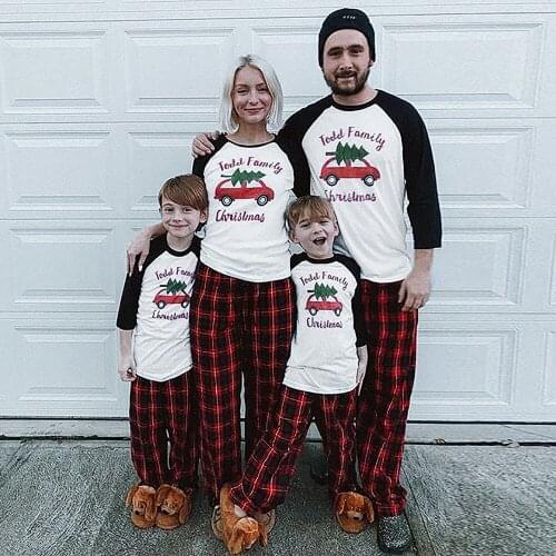 2020 2Pcs Parent-Children Christmas Loungewear Letter Print O-Neck Long-Sleeves Pullover Plaid Elastic Waist Pants Pajama Set