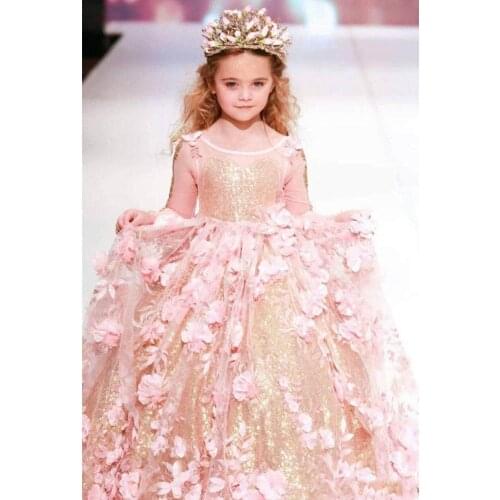 Gorgeous Gold Sequin And Pink 3D Flowers Girls Pageant Dress Ball Gown Kids Children Communion Party Formal Gowns 2019