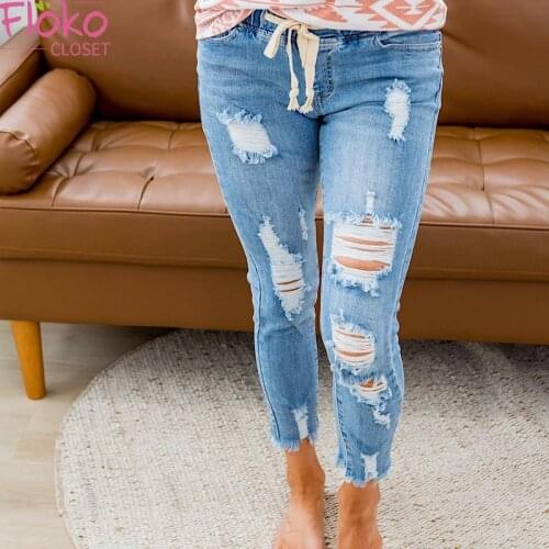 Flokocloset Casaul Elastic Waist Ripped Ankle-Length Denim Jeans Vintage Pants Jeggings Jeans for Women Streetwear