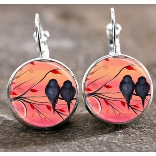 Vintage Women Love Bird Branches Earrings Round Glass Time Gem French Hook Cabochon Dangle Pink Earrings Jewelry for Girl Gift