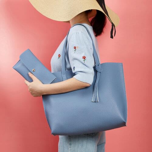 Womens Luxury PU Leather Handbag Lychee Pattern Tassel Bag 2 Pcs Set Single Shoulder Bag Tote Bag Cluth Bag Purse Bag Dropship