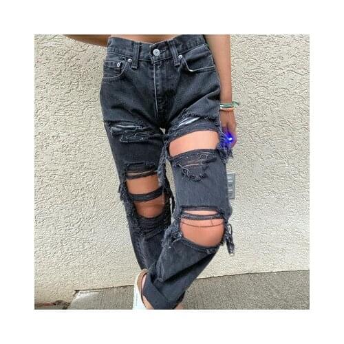 Women Jeans Fashion Loose Destroyed Hole Denim Jeans Casual Vintage Wide Leg Pants Trousers Fall 2020 Women