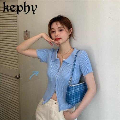 Knitted Zip Short Top Womens Summer 2020 New Tight Slim Polo Collar Short Sleeve Thin Cardigan Fashion fall 2020 women