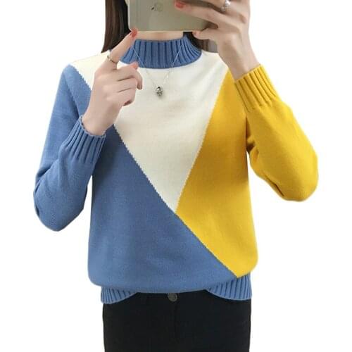 New Contrast Color Half Turtleneck Sweater Women Jumper 2018 Winter Long Sleeve Knitted Sweater Pullover Pull Female Tops AA491