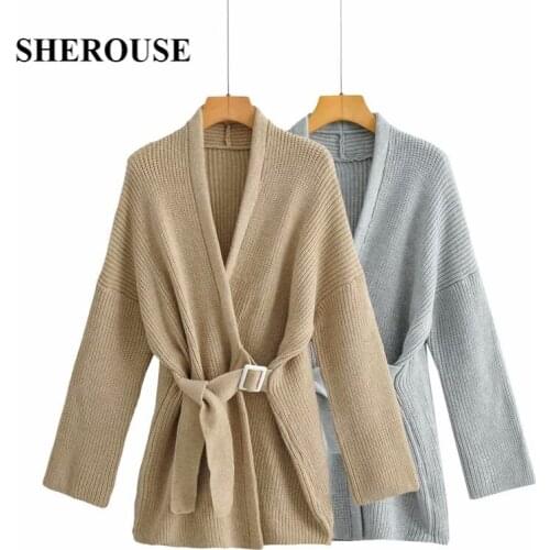 SHEROUSE Fashion Knitted Cardigan with Adjustable Belt Women Long Sleeves V-neck Vintage Knit Sweater Woman Chic Lady Tops