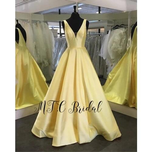 Wholesale Yellow Satin Long Formal Evening Dress 2019 V Neck Backless A Line Occasion Women Dresses Cheap Robe De Soiree