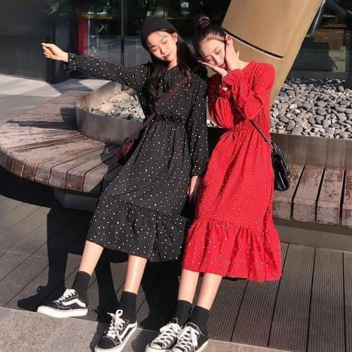 Dress Women Long Sleeve Spring Bow Mid-calf Dot Printed Dresses Elegant Slim Korean Style Leisure Soft Chic Simple Ladies Summer