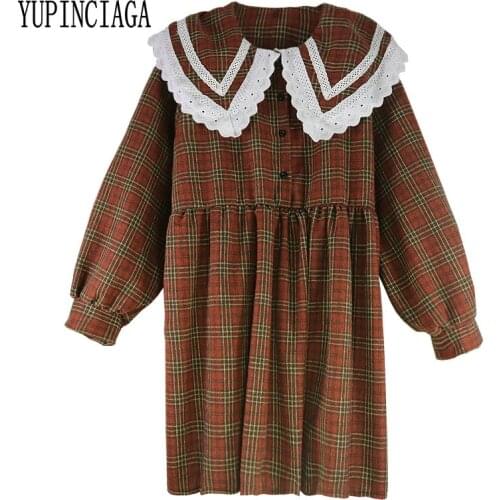Mori Girl Sweet Dress Women Turn-down Collar Plaid Dresses Kawaii Female Vestidos Mid-length long-sleeved dress YUPINCIAGA