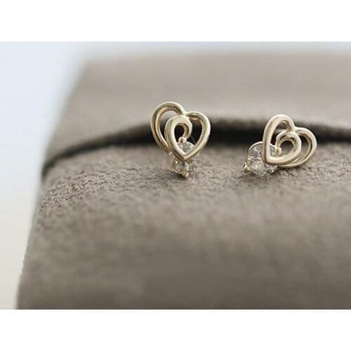 9k Solid Gold Stud Dainty Heart 3d Crystal Earring Jewelry Minimal Simple Style Bridesmaid Bridal Gift