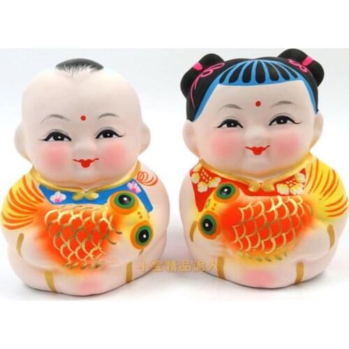 1 Pair Clay Figurines Goldfish Ornament Fu Dolls Boy Girl Auspicious A FU Handmade Craft Wuxi Huishan Specialty