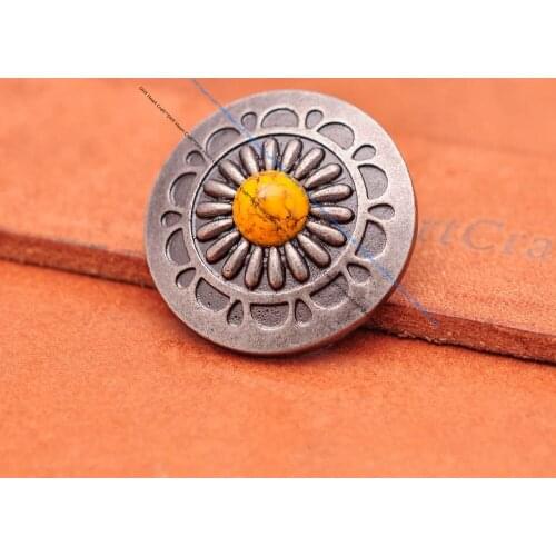 10 Sets 30MM Retro Silver Daisy Flower Yellow Bead Conchos for DIY Leathercraft Western Luggage Bag Wallet Decor