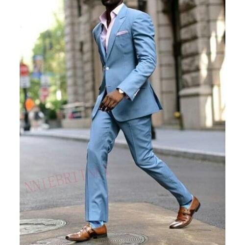 2020 Fashion Sky Blue Mens Suit 2 pieces Prom Wedding Dress for Men Custom Groom Tuxedo Slim Fit Mens Suits Jacket Pants Set